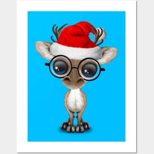 Baby Reindeer Wearing a Santa Hat and Glasses Posters and Art